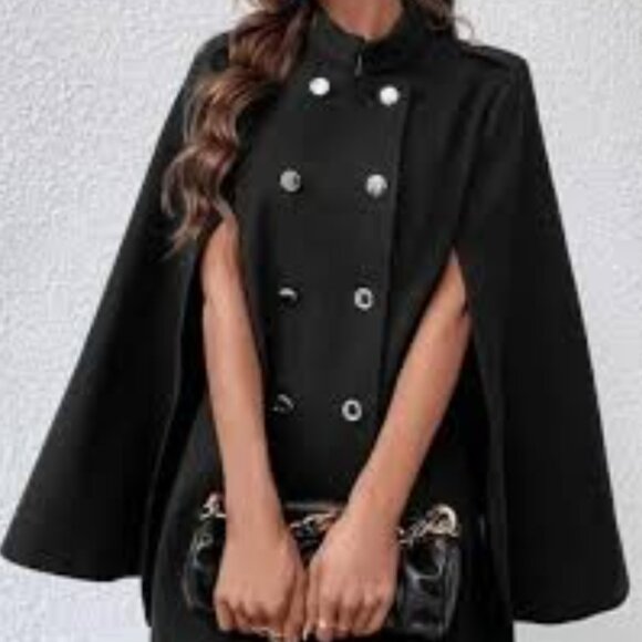 Kara And Kate 🌷 Womens Gorgeous Black Luxe Button Up Double Breasted Cape 🌷 - Picture 3 of 16